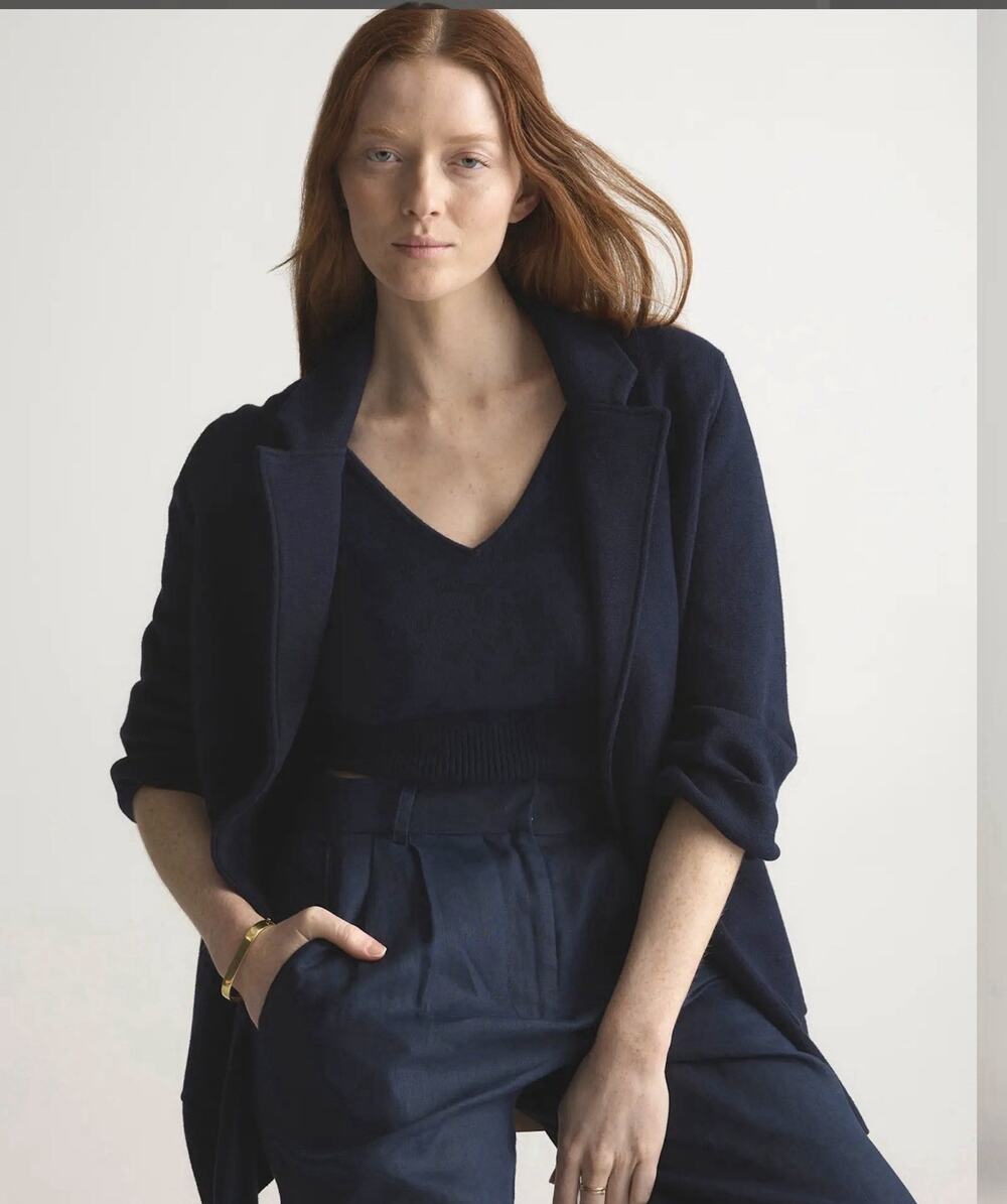 Quince Women's Navy Solid Open Front Blazer Jacket Pockets Long Sleeve XL
